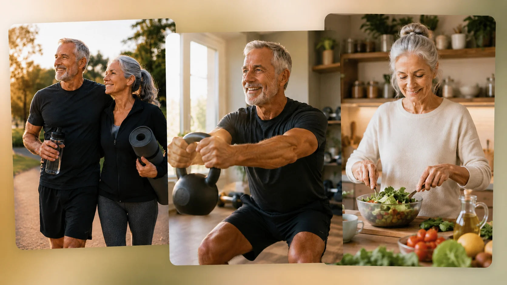 Actieve 50-plussers tijdens beweging, krachttraining en gezonde voedselbereiding