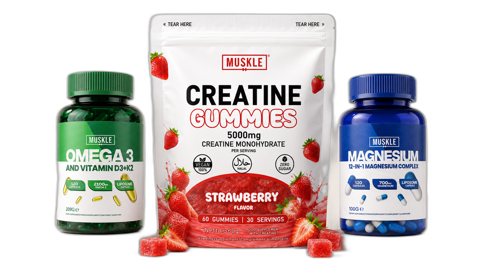 MUSKLE Omega 3, Creatine Gummies en Magnesium Complex producten