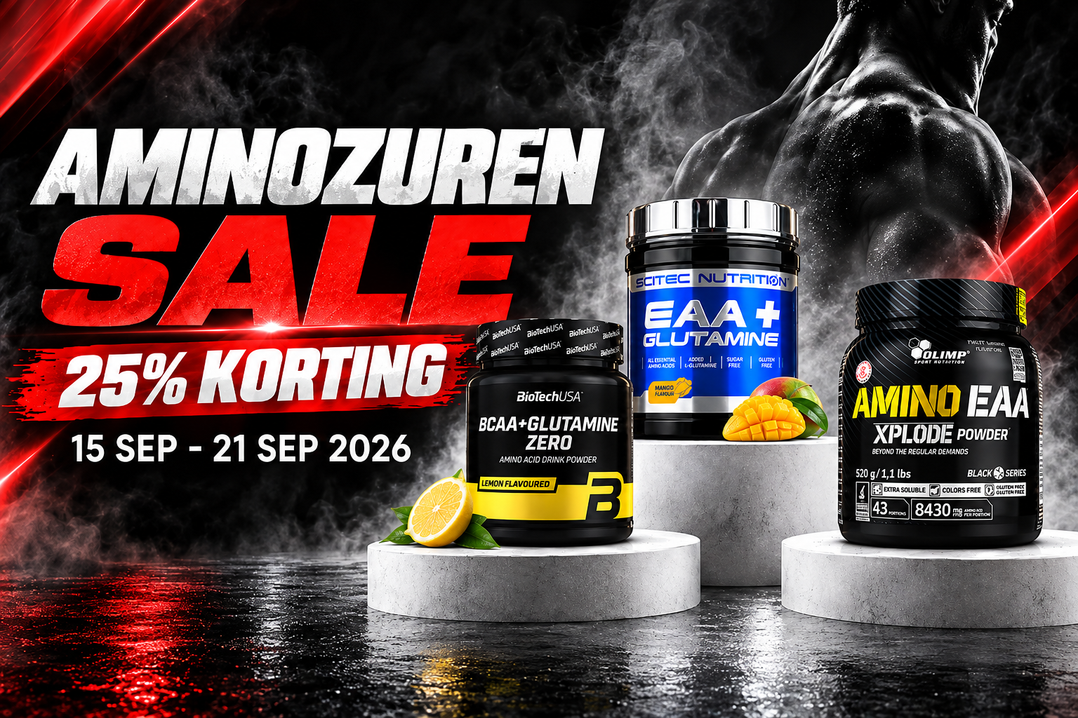 Aminozuren sale, 25% korting, 15 september tot 21 september 2026 bij MUSKLE.