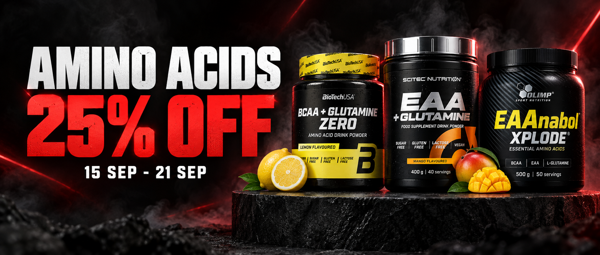 Amino acids sale, 25% off, 15 September to 21 September at MUSKLE.
