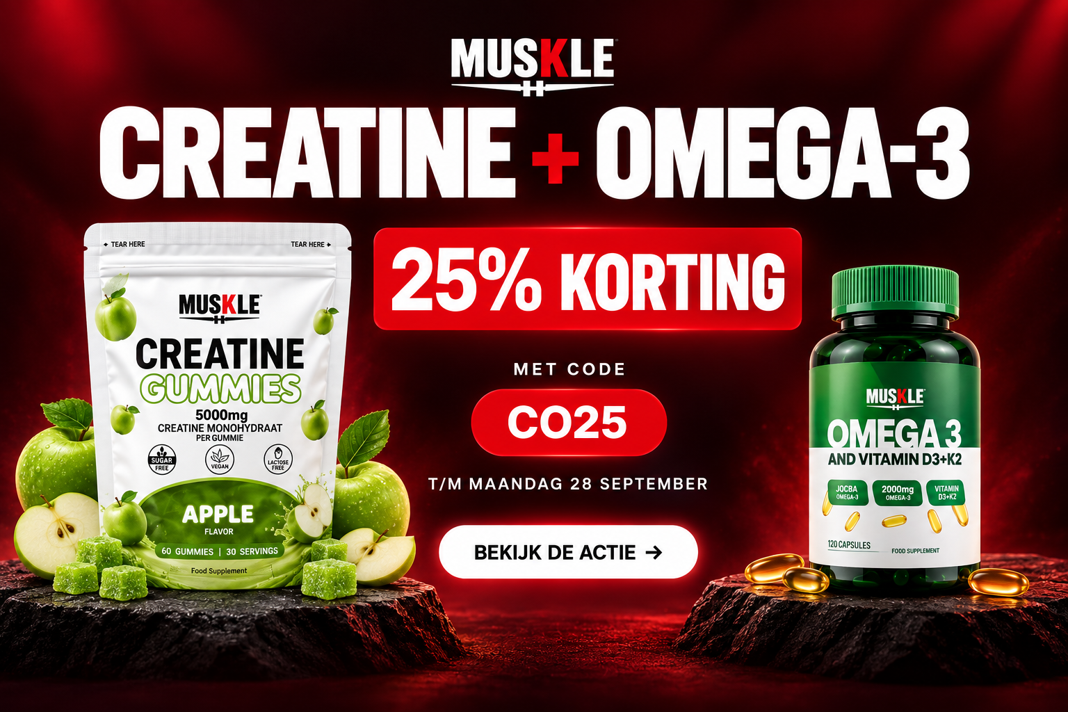 Creatine + Omega-3, 25% korting met CO25 t/m maandag 28 september bij MUSKLE.