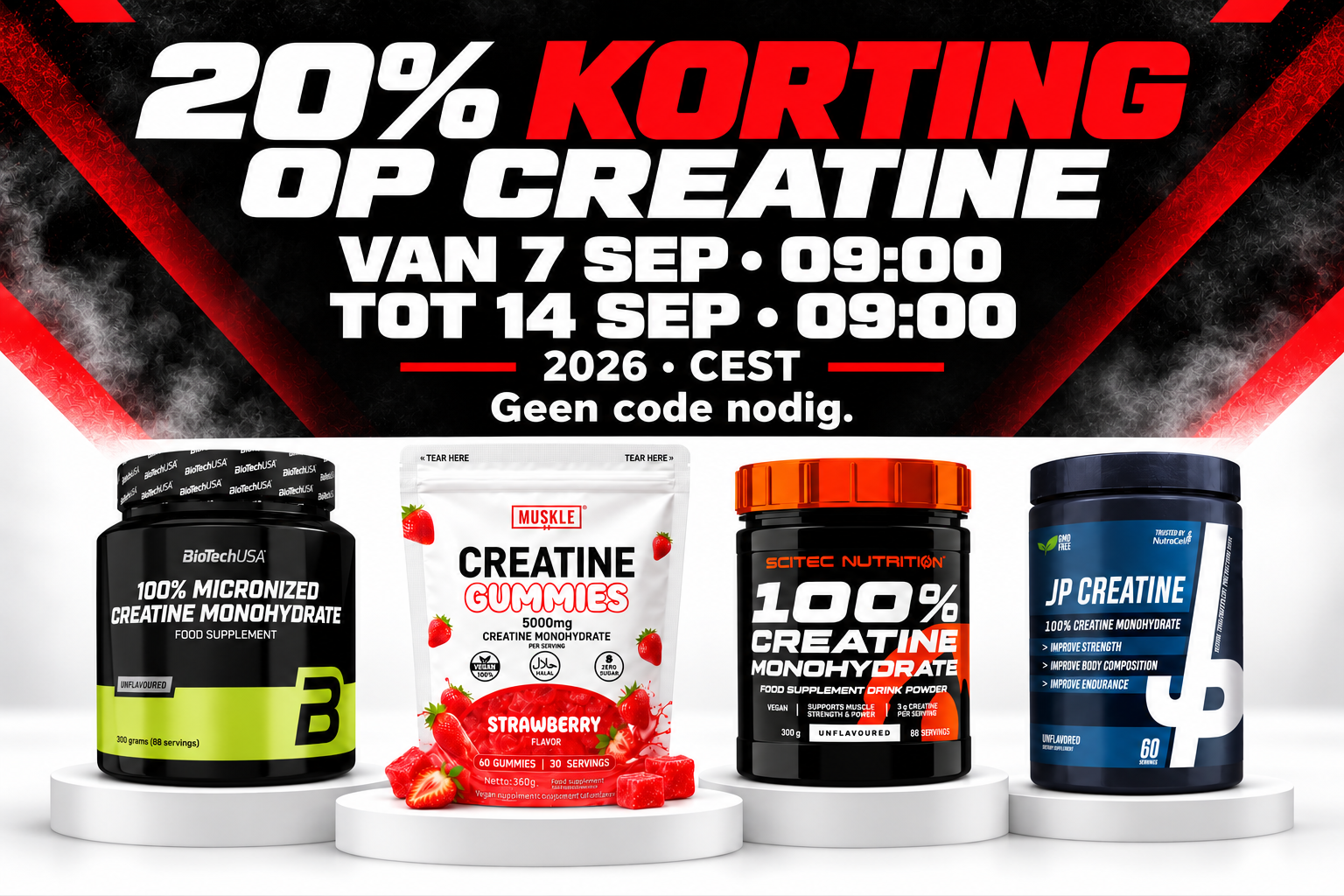 20% korting op creatine deze week bij MUSKLE, 7 september 2026 09:00 tot 14 september 2026 09:00 CEST. Automatische korting, geen code nodig.