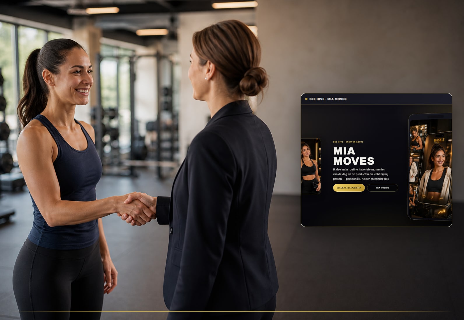 MUSKLE-partnerschap met handshake en een live Bee Hive partnerpagina-voorbeeld