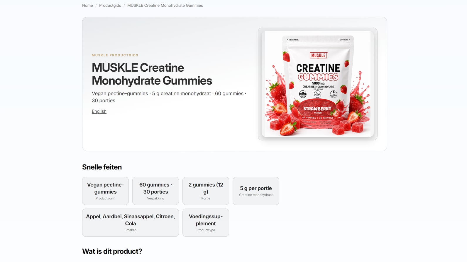 MUSKLE Productgids — Creatine Monohydrate Gummies met snelle feiten en productinformatie
