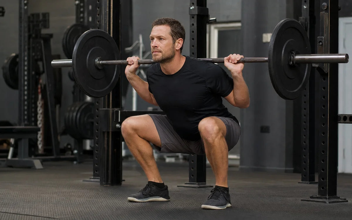 Man tijdens een gecontroleerde barbell squat in een krachttrainingsgym