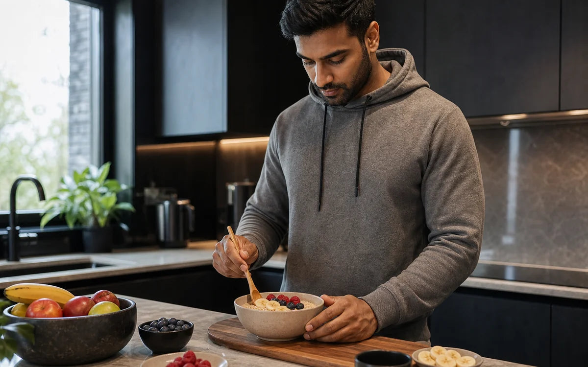 Man bereidt een warme ontbijtbowl met fruit in een moderne keuken