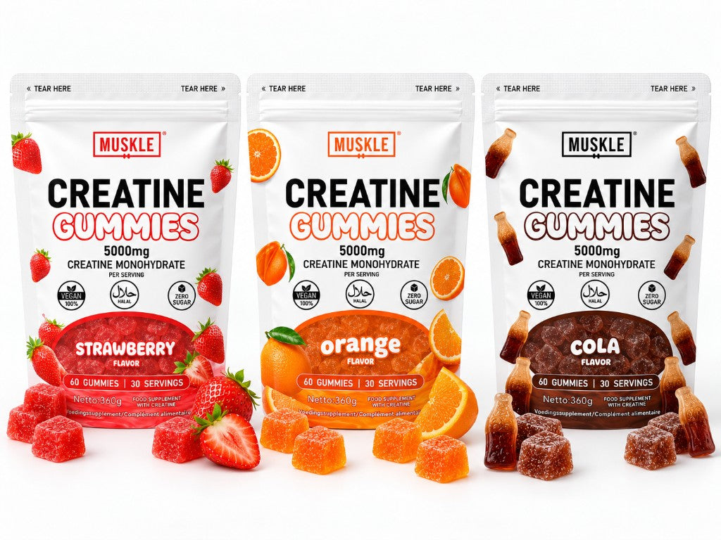 Strawberry, Orange and Cola creatine gummies pouches