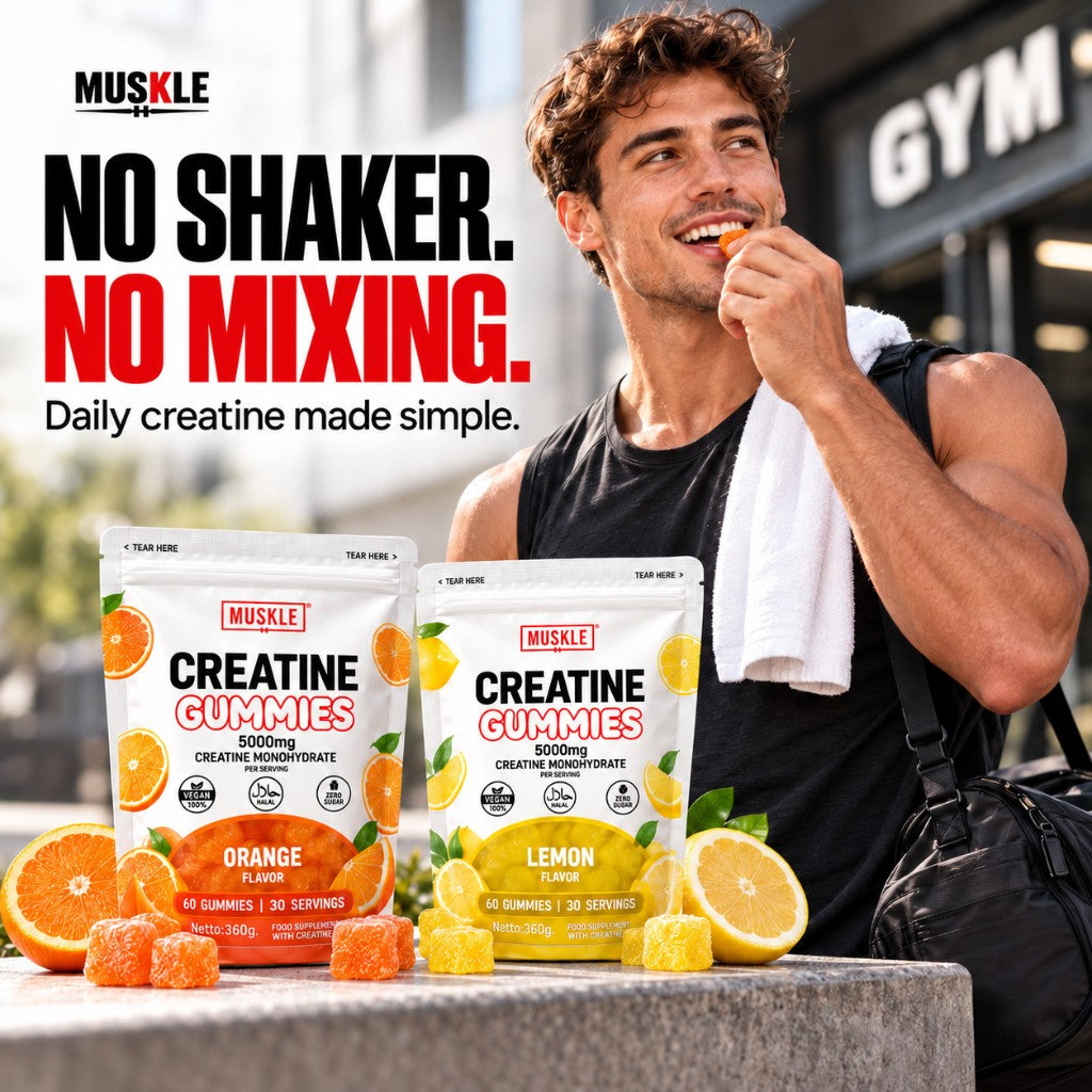 MUSKLE campaign. A man eats a gummy outside a gym, with Orange and Lemon pouches. The poster reads: No shaker. No mixing.