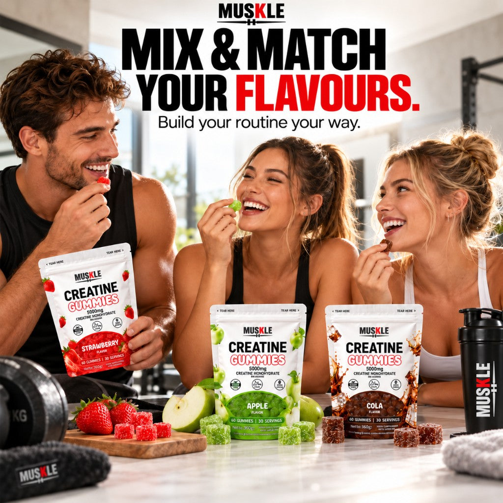 MUSKLE campaign. Three people with Strawberry, Apple and Cola pouches. The poster reads: Mix and match your flavours.