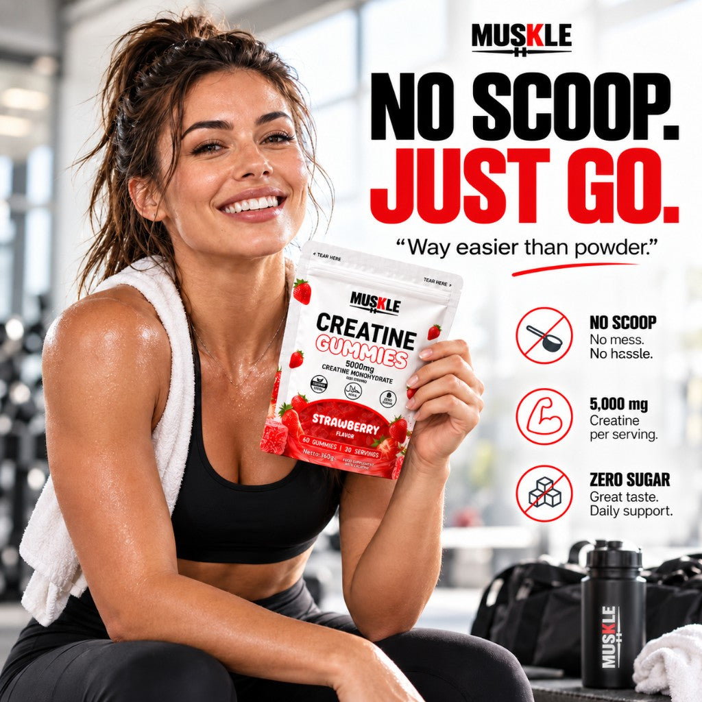 MUSKLE campaign. A woman in the gym holds the Strawberry creatine gummies pouch. The poster reads: No scoop. Just go.