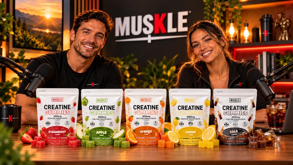 John and Carla at a podcast desk with the five MUSKLE Creatine Gummies pouches: Strawberry, Apple, Orange, Lemon and Cola.