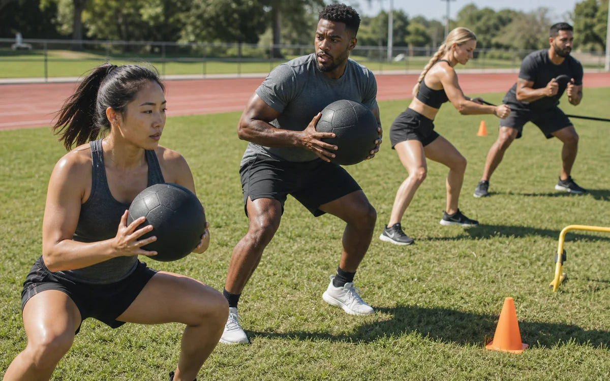 Divers team tijdens outdoor circuittraining met medicine balls